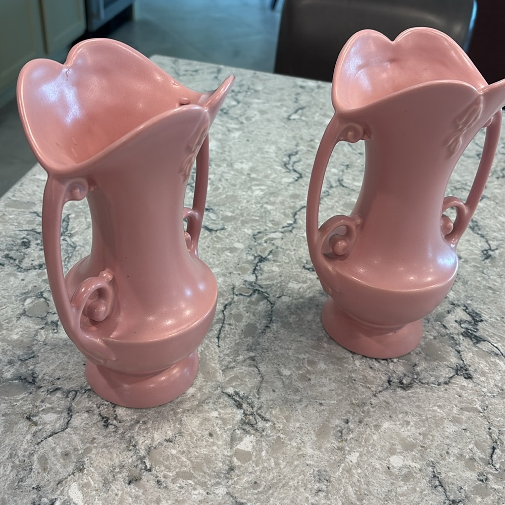 Pair of Abingdon USA Charming 8.5” Pink Double-Handled Vases- 1940s